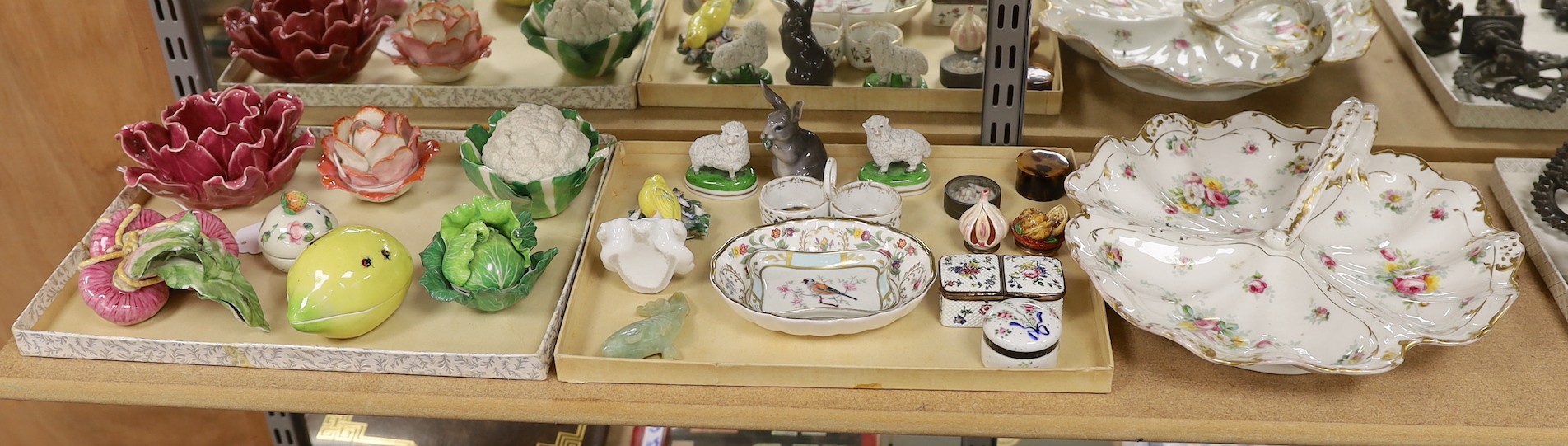 A Lady Anne Gordon, Dowager Marchioness of Aberdeen porcelain model of horseradishes, other models of vegetable or fruit by another hand, various boxes etc, largest item Limoges entree dish 29 cms long